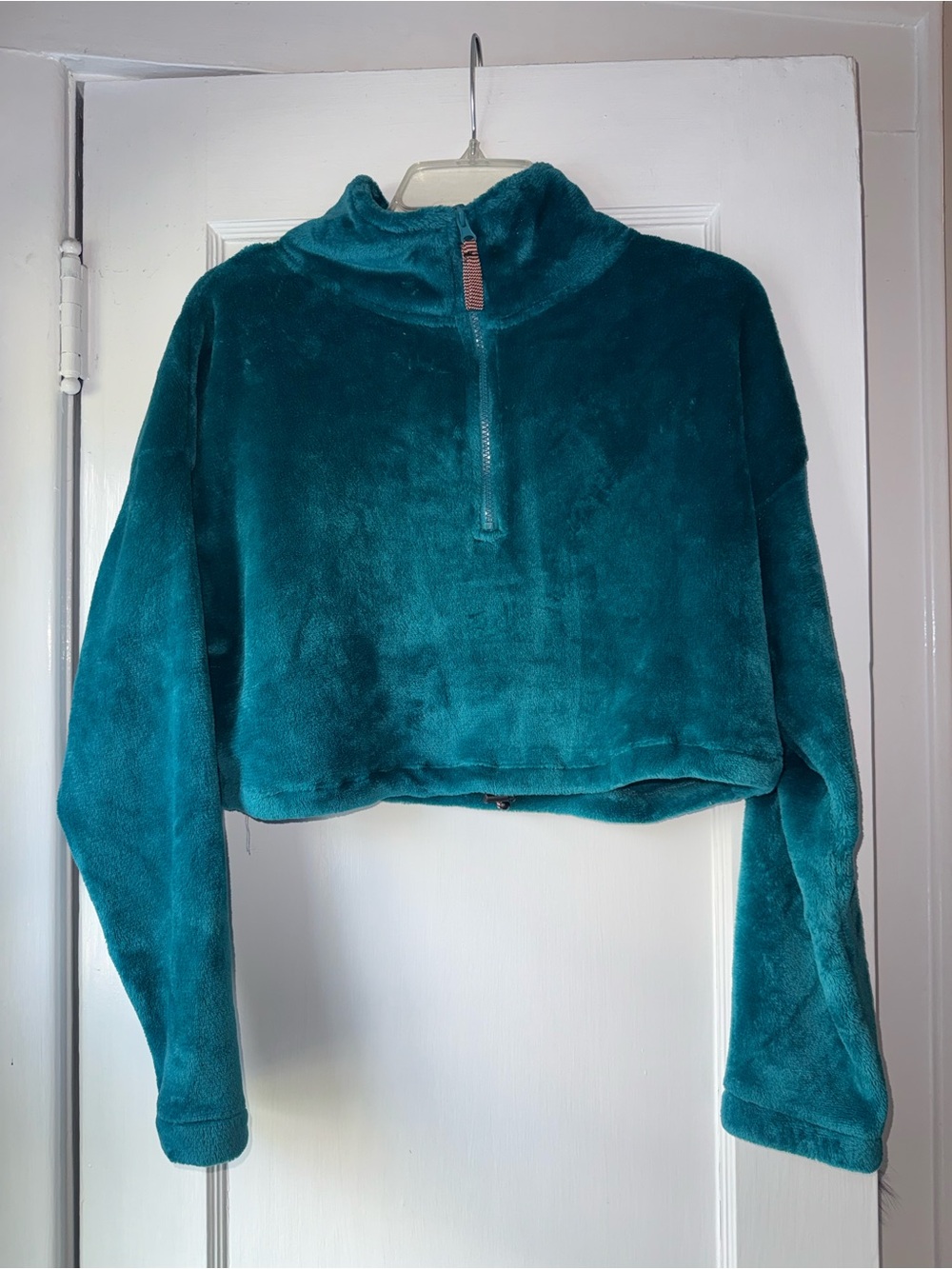 Urban Outfitters Teal Plush Half-Zip Cropped Pullover